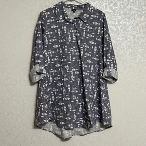Shana Fish Print Tunic Shirt Cotton Back Zip Roll Tab Sleeve Grey Whimsical Sz M